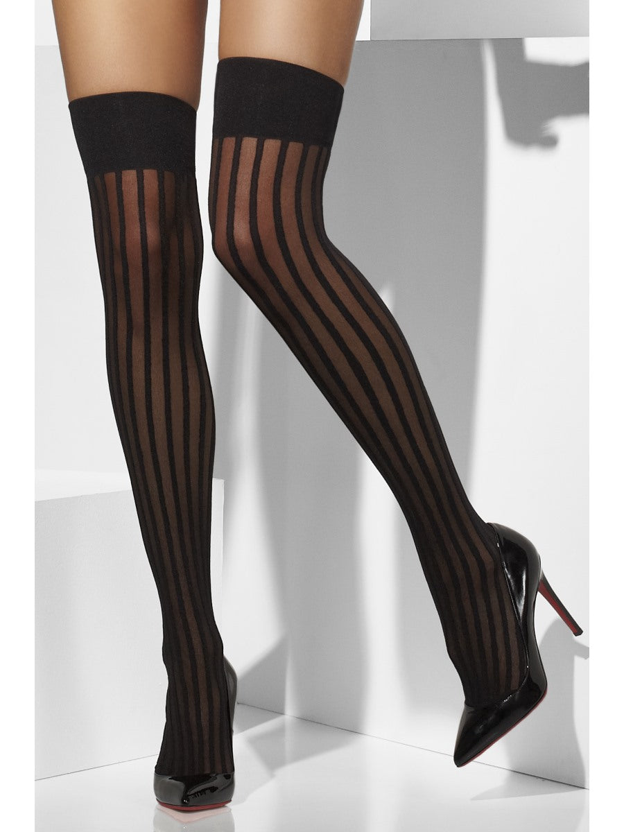 Black Sheer Hold Ups Ladies Fancy Dress Stockings One SIze Verticle Stripe
