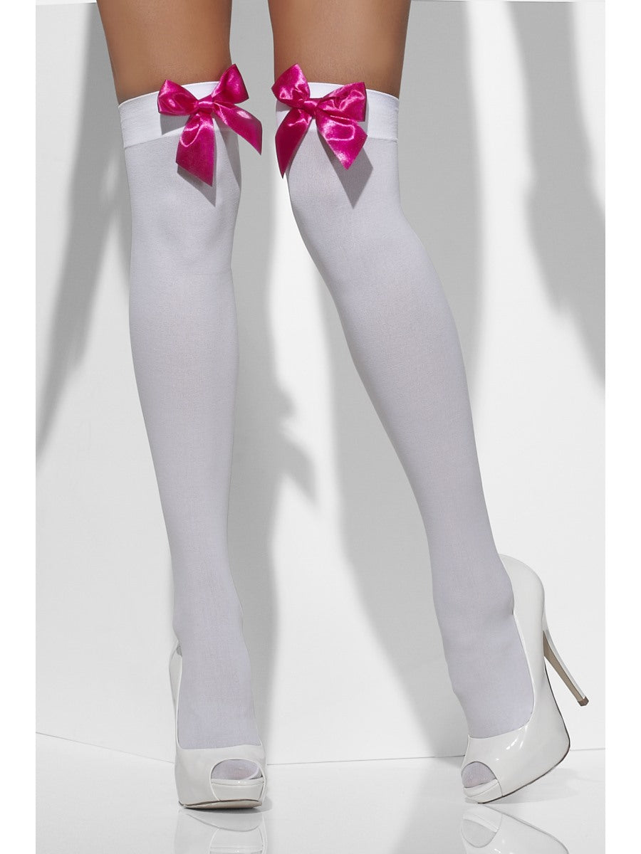 Ladies Stockings White with Pink Bow Womens Thigh High Fancy Dress One Size