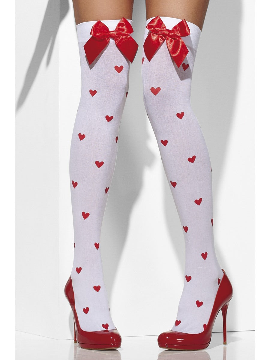 Opaque Hold Ups White With Hearts Ladies Fancy Dress Accessory