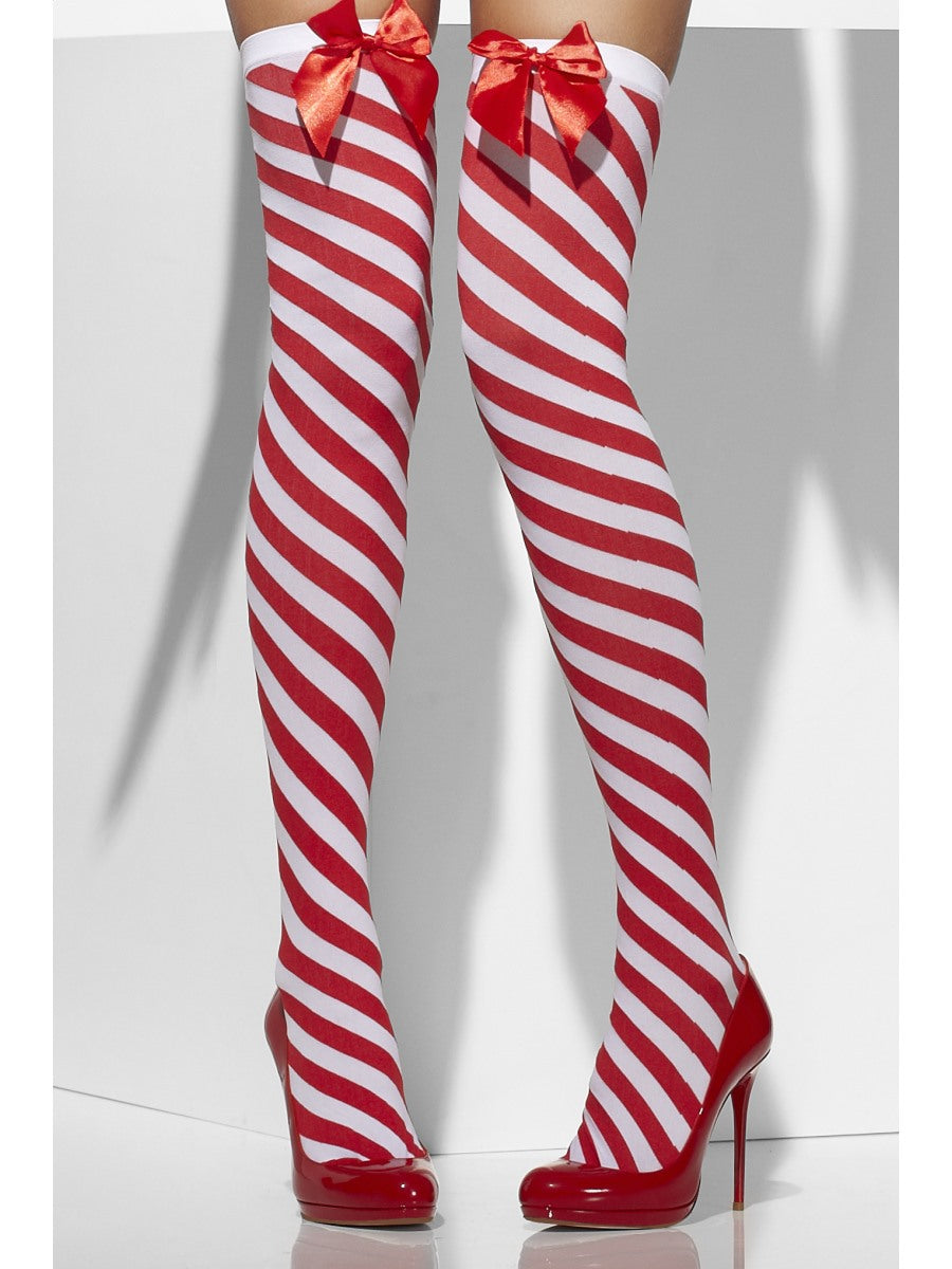 Red & White Candy Cane Striped Hold Ups Ladies Fancy Dress