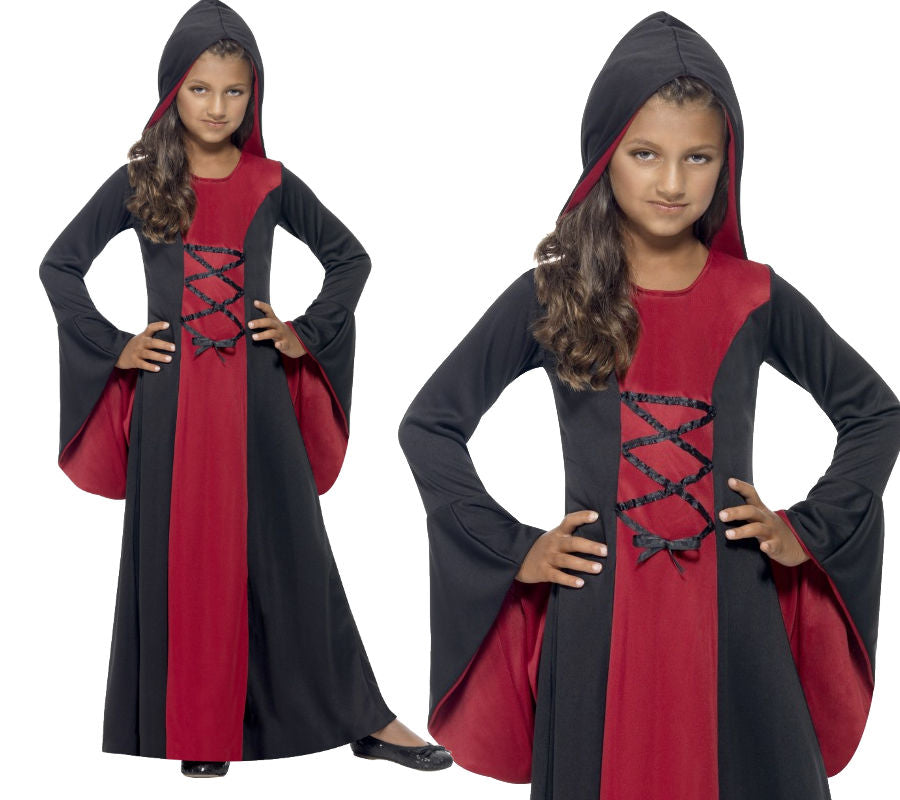 Girls Hooded Vampire Costume Halloween Fancy Dress Kids Medieval Vampiress