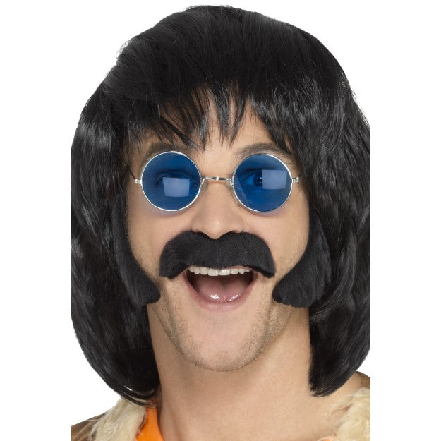 Sideburns & Moustache Hippie Fancy Dress Accessory Adults Black 1960s 70s
