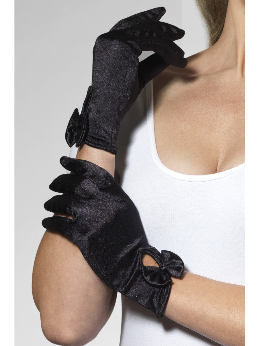 Short Black Velour Gloves With Bow Ladies Fancy Dress Accessory