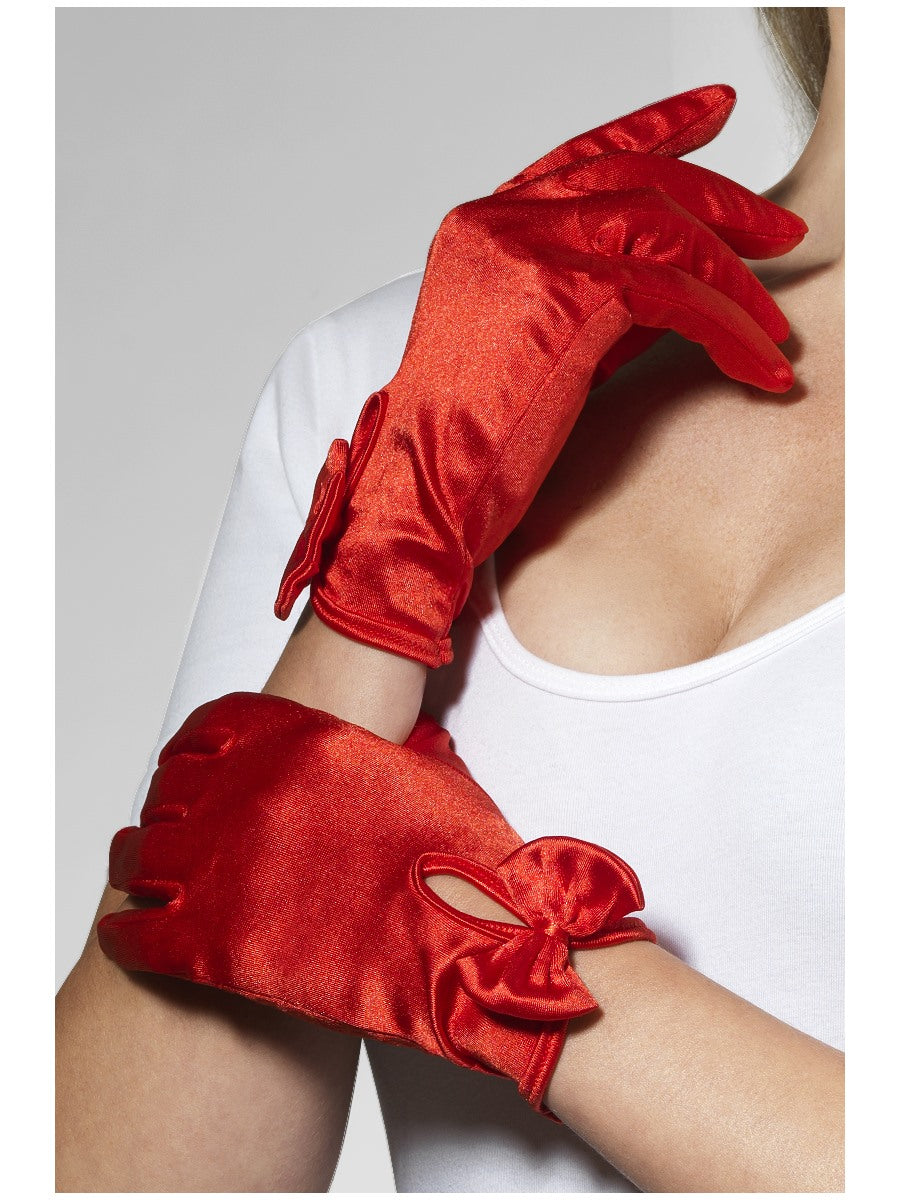 Short Red Velour Gloves With Bow Ladies Fancy Dress Accessory