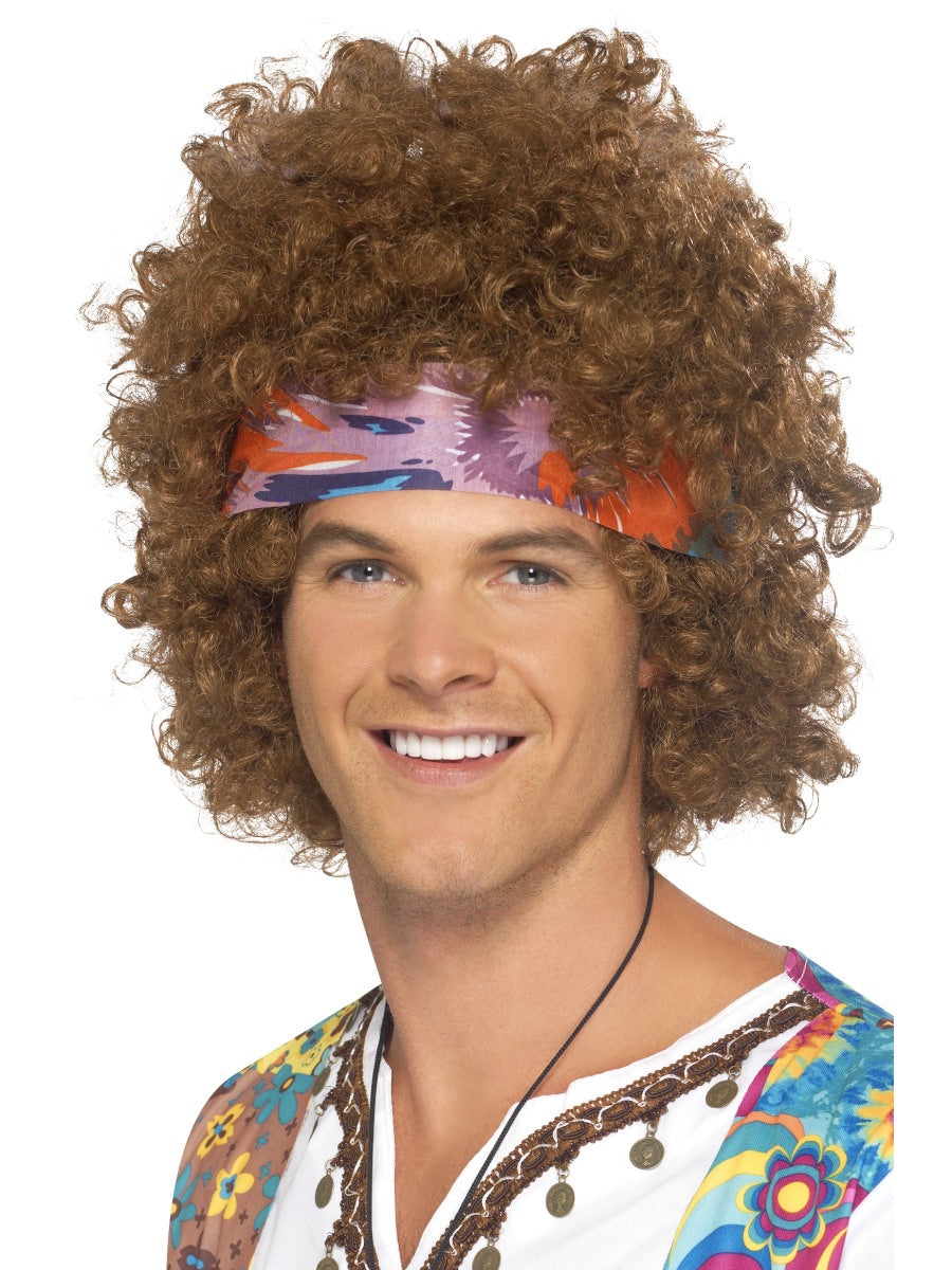 60s Hippie Brown Afro Wig + Headscarf Instant Hippy Fancy Dress