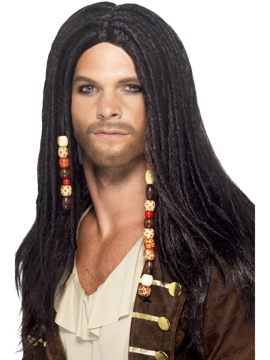 Black Pirate Wig + Beads Dreadlock Adults Fancy Dress New