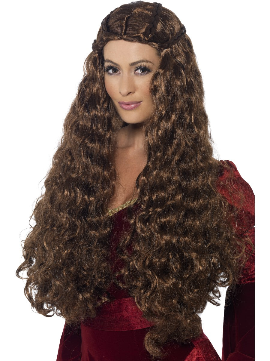 Extra Long Brown Medieval Princess Wig Adult Womens Smiffys Fancy Dress Wig
