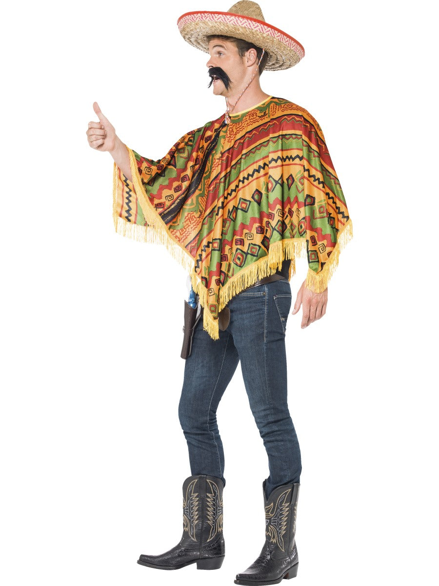 Poncho + Black Moustache Mexican Spanish Mens Wild West Fancy Dress Costume
