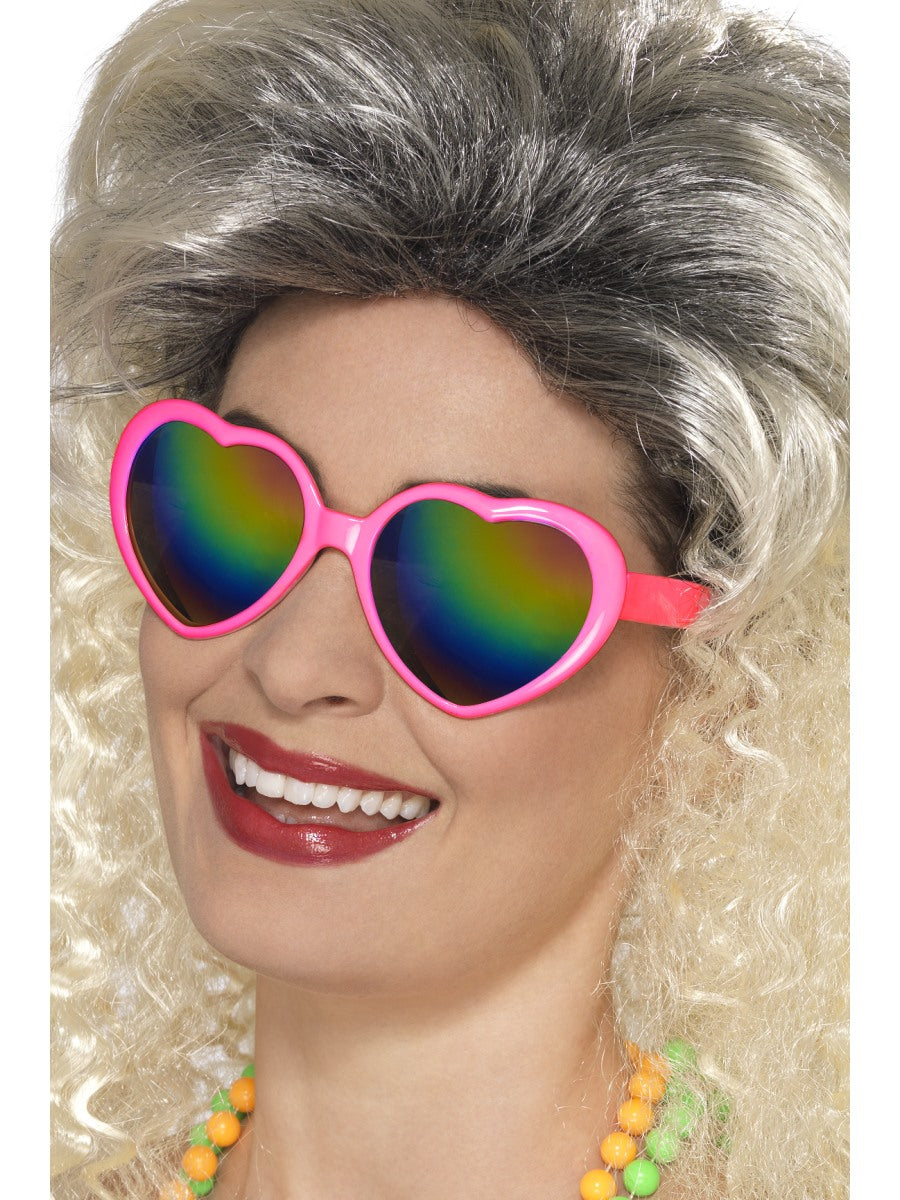 Festival Pink Heart Shaped Specs Glasses Rainbow Lenses Ladies Fancy Dress New