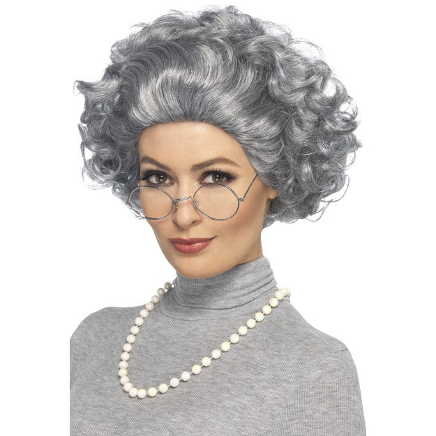 Grey Granny Wig Kit with Glasses and Necklace Fancy Dress Accessory Adults