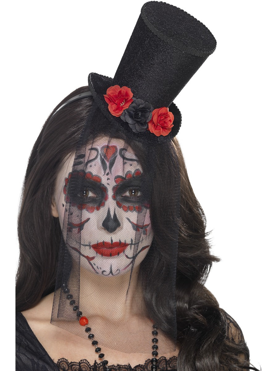 Day Of The Dead Black Top Hat Ladies Halloween Fancy Dress Accessory