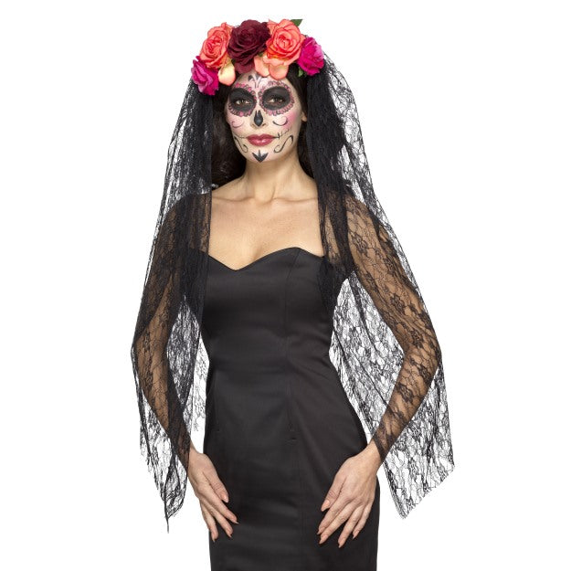 Day Of The Dead Headband With Roses & Veil Halloween Fancy Dress