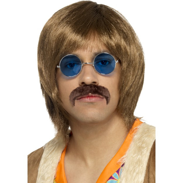 Hippie Wig + Tash + Glasses Adults 60s Hippy Singer Kit Brown Mens Fancy Dress
