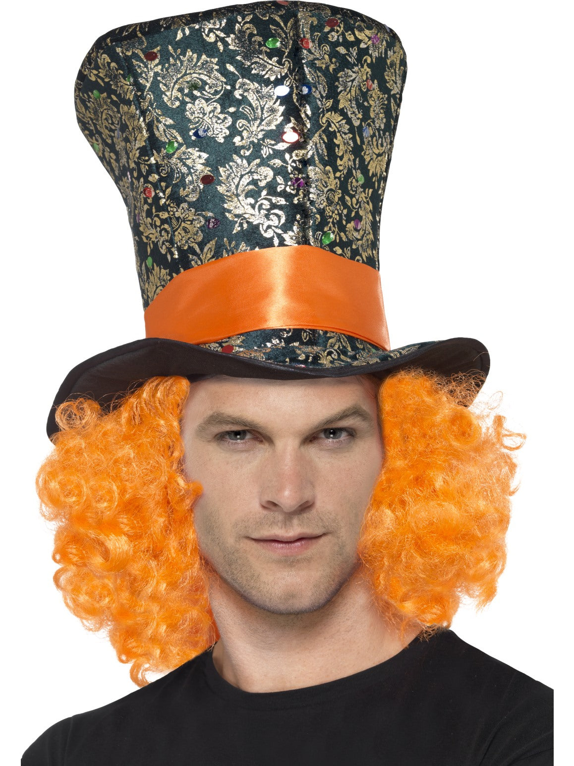 Black Multi Top Hat With Orange Hair Adults Hatter Fancy Dress Accessory
