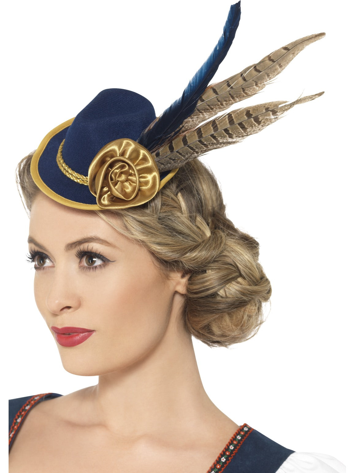 Ladies Mini Oktoberfest Hat Blue With Deluxe Feather German Fancy Dress