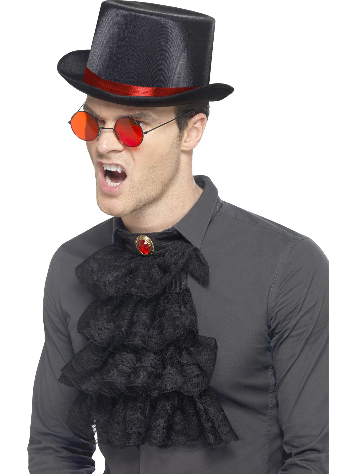 Gothic Kit Red Black Top Hat Glasses Neck Ruffle Mens Fancy Dress Accessory