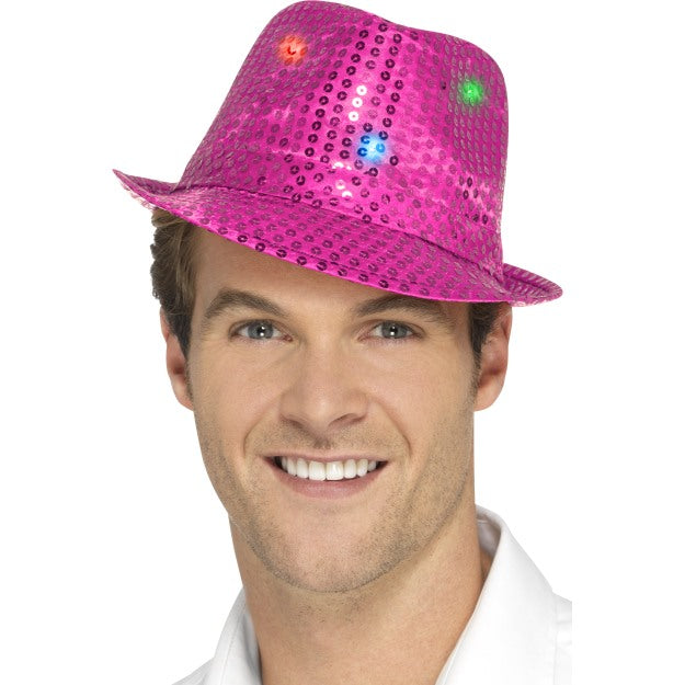 Light Up Trilby Hat Showtime Musical LED Sequin Hats Mens Ladies
