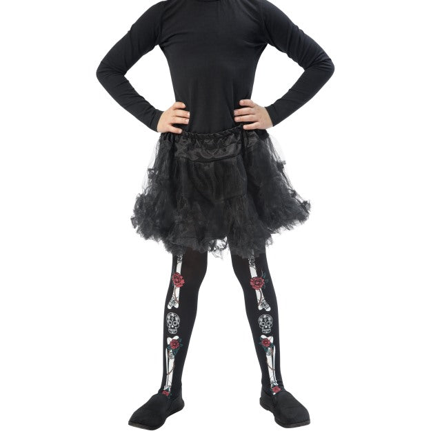 Child Day of the Dead Tights Girls Skeleton Bones Fancy Dress Accessory