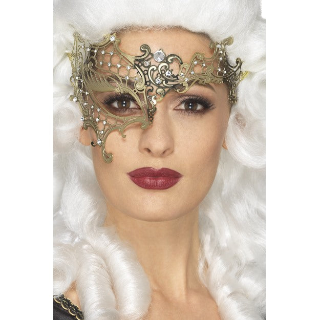 Gold Masquerade Half Eye Mask Filigree Metal Ladies Opera Fancy Dress
