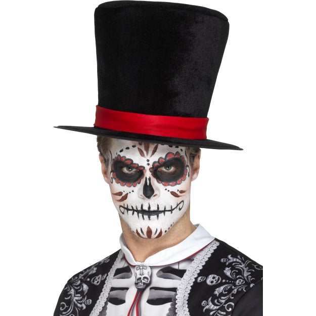 Black Day Of The Dead Skeleton Top Hat Red Band Fancy Dress Accessory