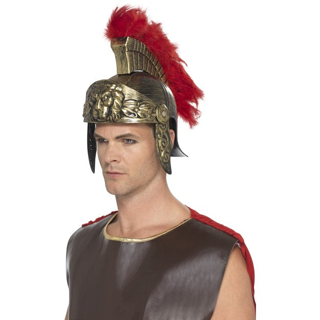 Gold Roman Helmet Spartan Hat Red Plume Adults Plastic Fancy Dress