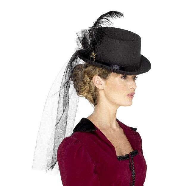 Black Victorian Top Hat With Veil Feathers Brooch Ladies Fancy Dress