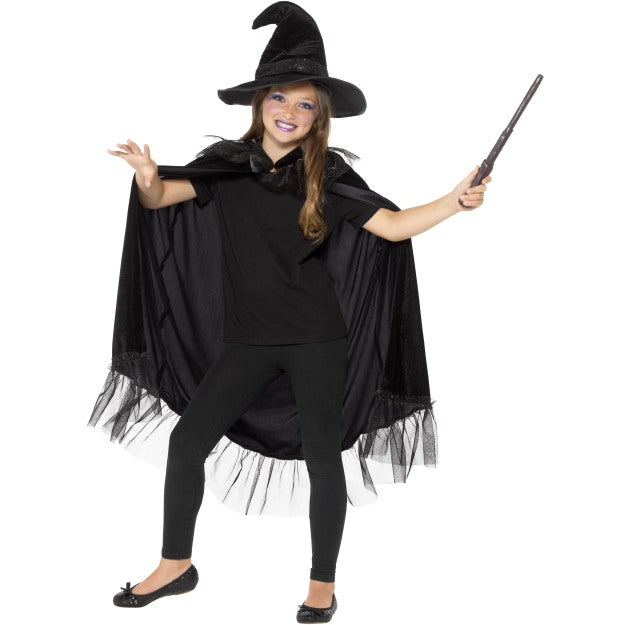 Girls Black Witch Kit Sparkle Cloak Hat Kids Halloween Fancy Dress Accessories