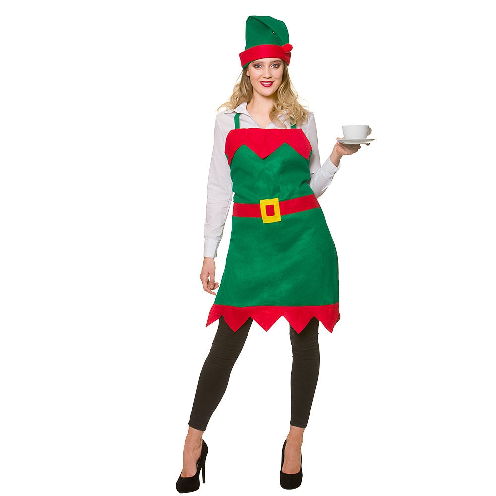 Adults Ladies Men Elf Apron + Hat Set Fancy Dress Christmas Holiday Dinner Xmas