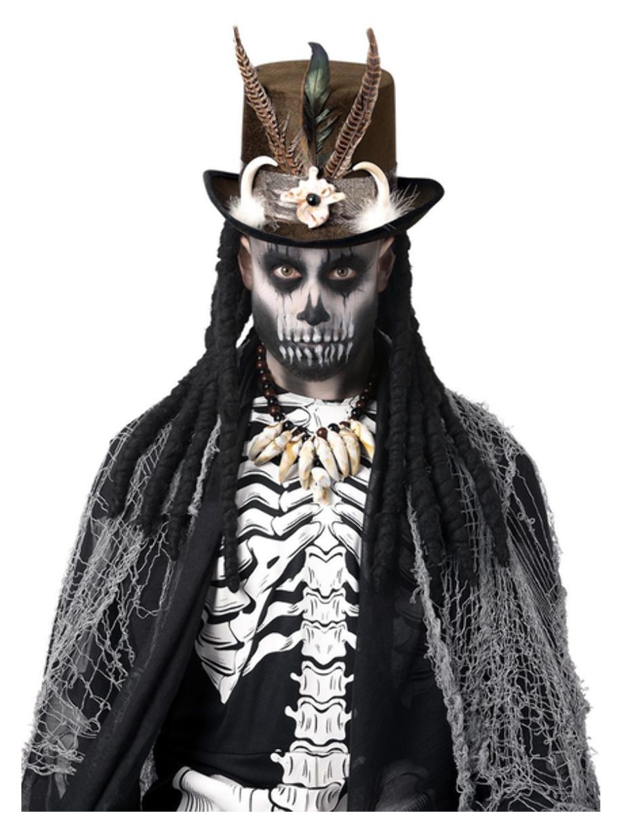 Deluxe Witch Doctor Top Hat With Dreadlocks & Feathers Adults Halloween Fancy Dress