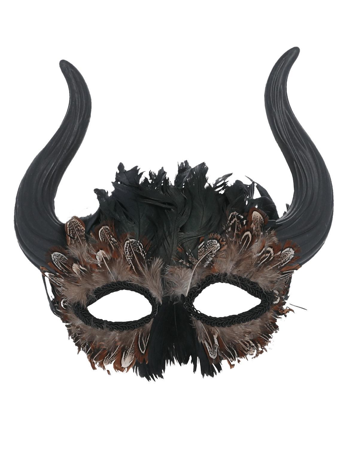 Feathered Venetian Horned Mask Halloween Fancy Dress Masquerade Mask