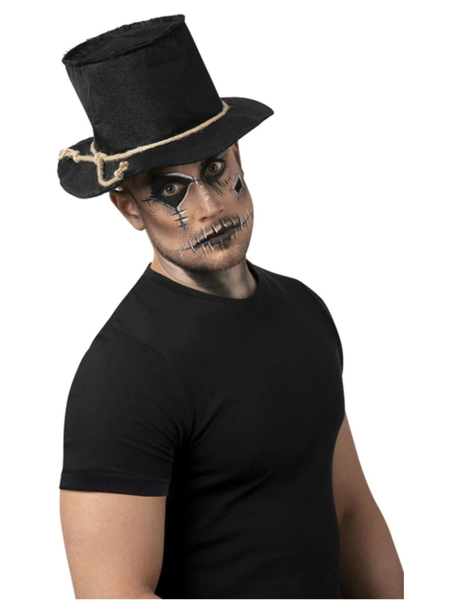 Burlap Scarecrow Top Hat Black With Rope Adults Halloween Fancy Dress Mens Ladies
