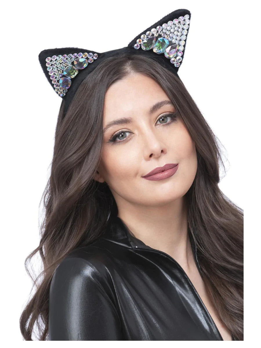 Jewelled Black Cat Ear Headband Ladies Halloween Fancy Dress Cat Outfit