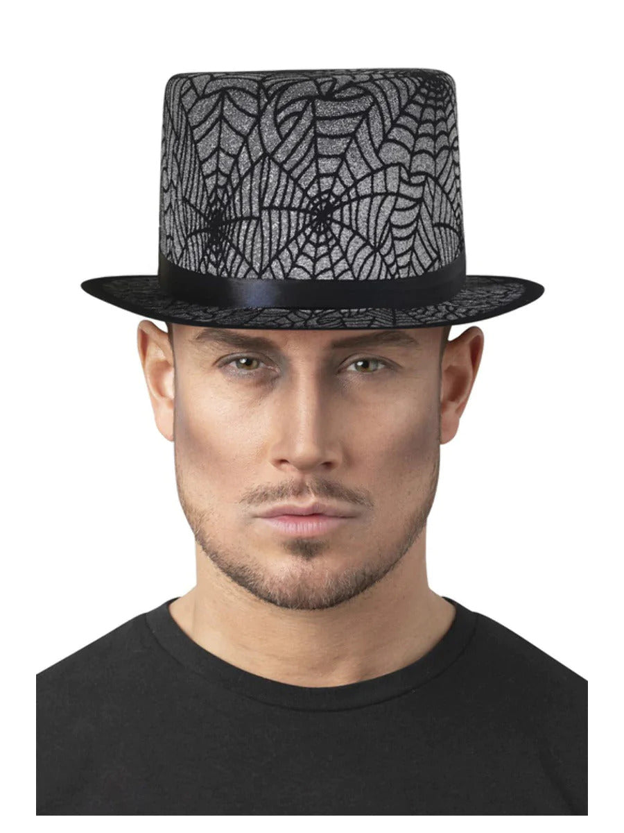 Spider Web Top Hat Adults Halloween Silver Glitter Top Hat Ladies Fancy Dress