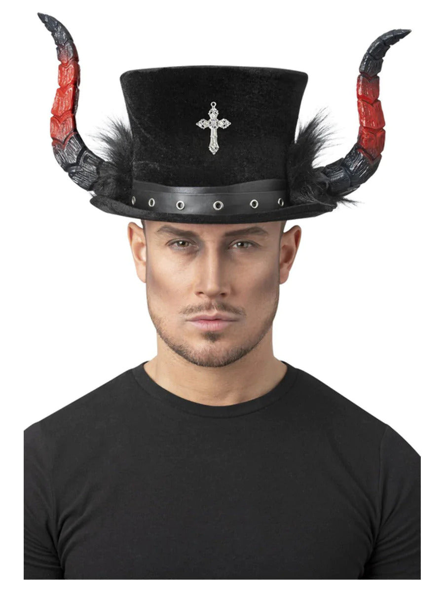 Deluxe Devil Top Hat With Horns & Marabou Halloween Fancy Dress Accessory