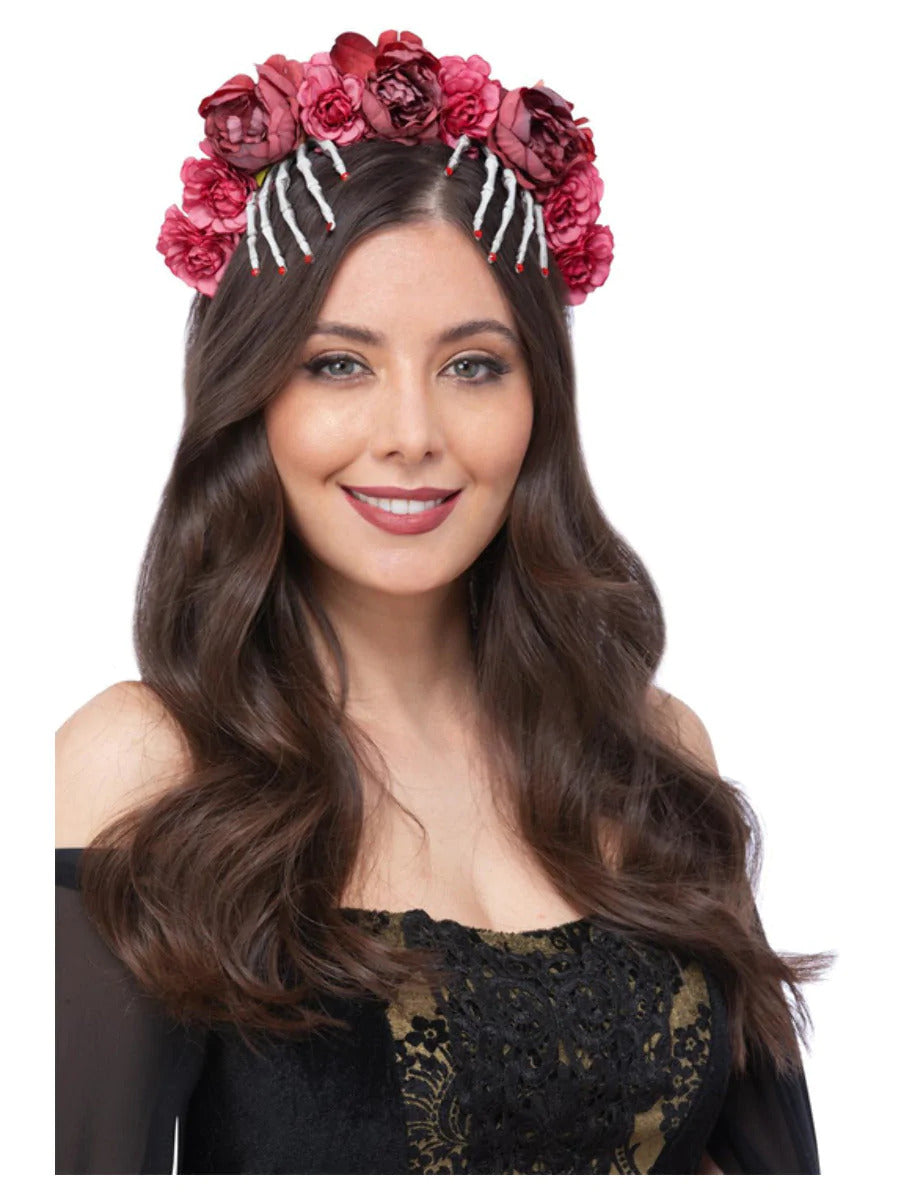 Red Rose & Skeleton Hand Headband Ladies Fancy Dress Halloween Accessory