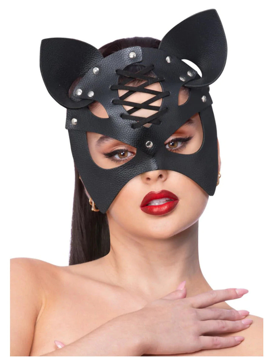 Fever Black Mock Leather Cat Mask Ladies Sexy Halloween Fancy Dress