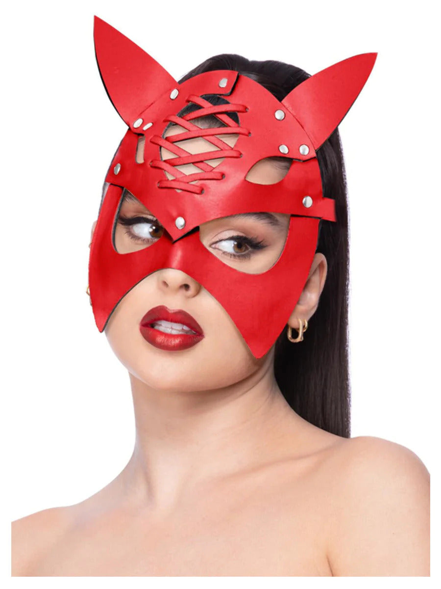 Fever Red Mock Leather Devil Mask Ladies Sexy Halloween Fancy Dress Mask