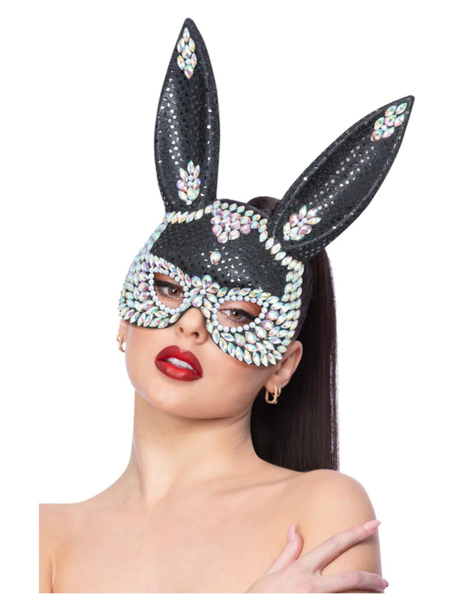 Fever Black Jewel Sequin Rabbit Mask Ladies Sexy Bunny Rabbit Fancy Dress Mask