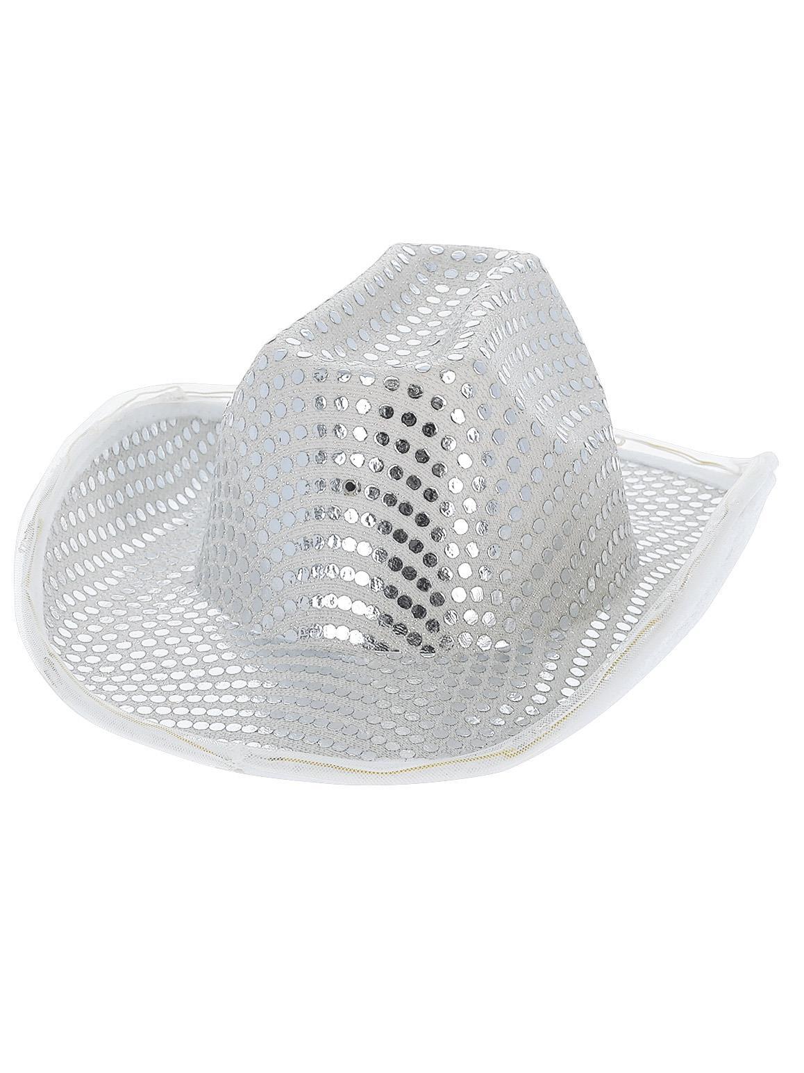 LED Light Up Sequin Cowboy Hat Silver Adults Wild West Fancy Dress Western