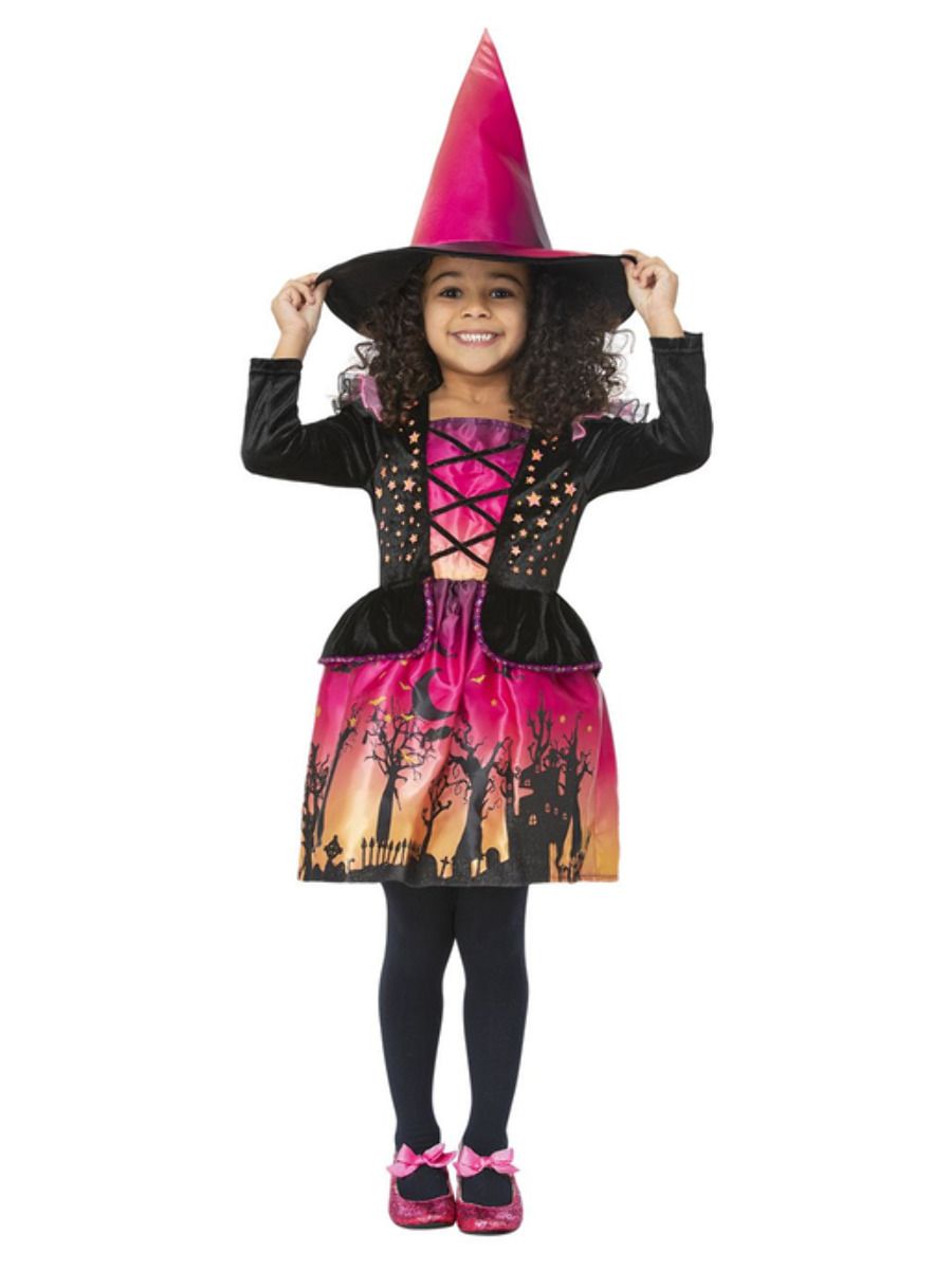 Sunset Witch Costume Girls Halloween Witches Fancy Dress Outfit Toddlers + Hat