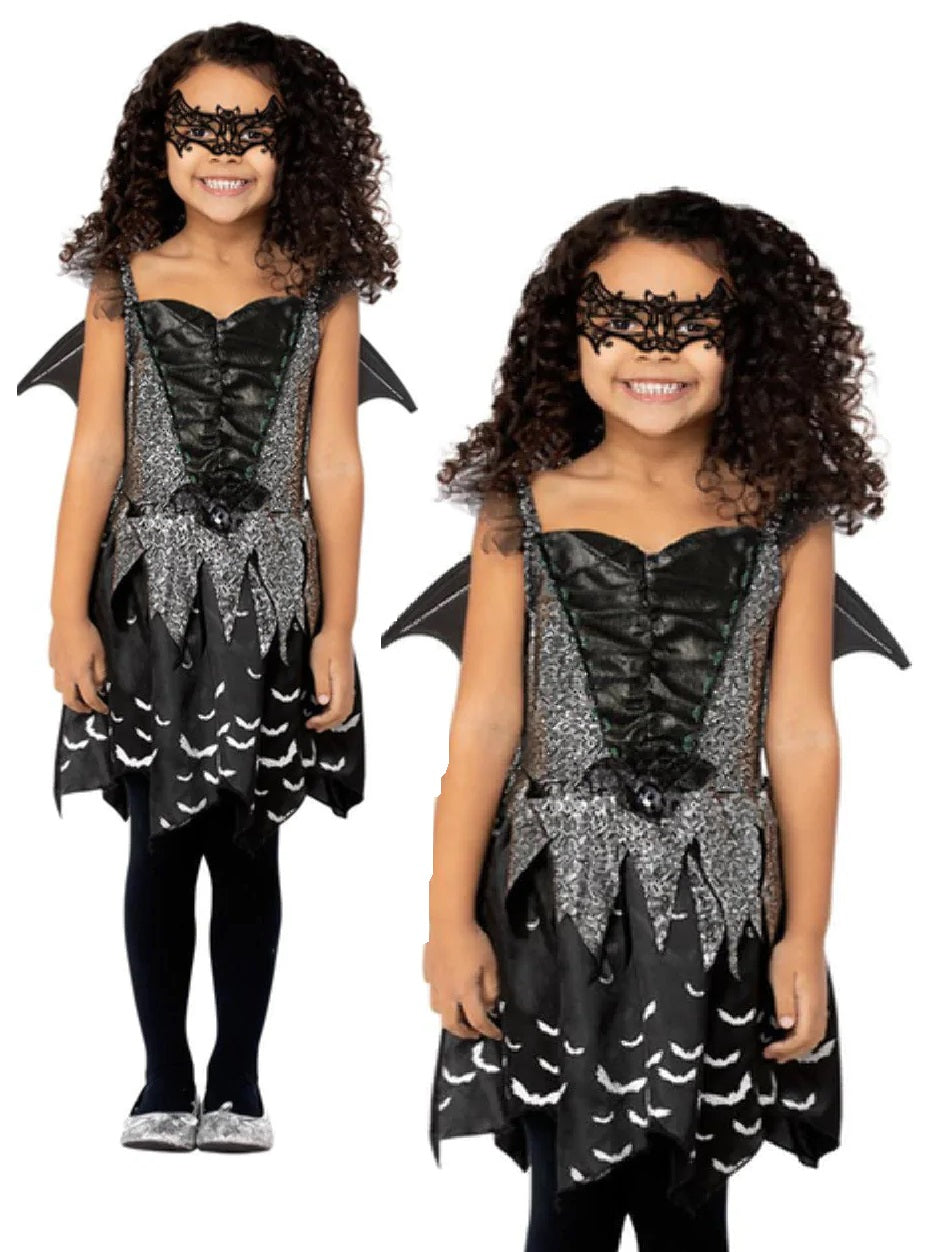 Dark Bat Fairy Costume Girls Halloween Fancy Dress Outfit + Mask Age 4-12