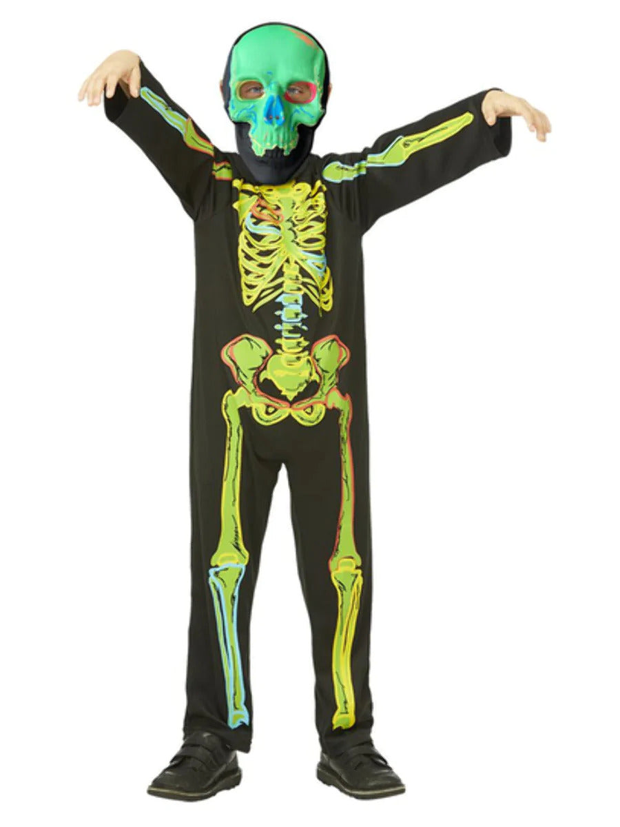 Neon Glow In The Dark Skeleton Costume Kids Halloween Fancy Dress + Mask