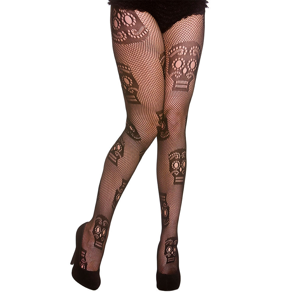 Day Of The Dead Tights Halloween Fishnets Ladies Fancy Dress Accessory Black