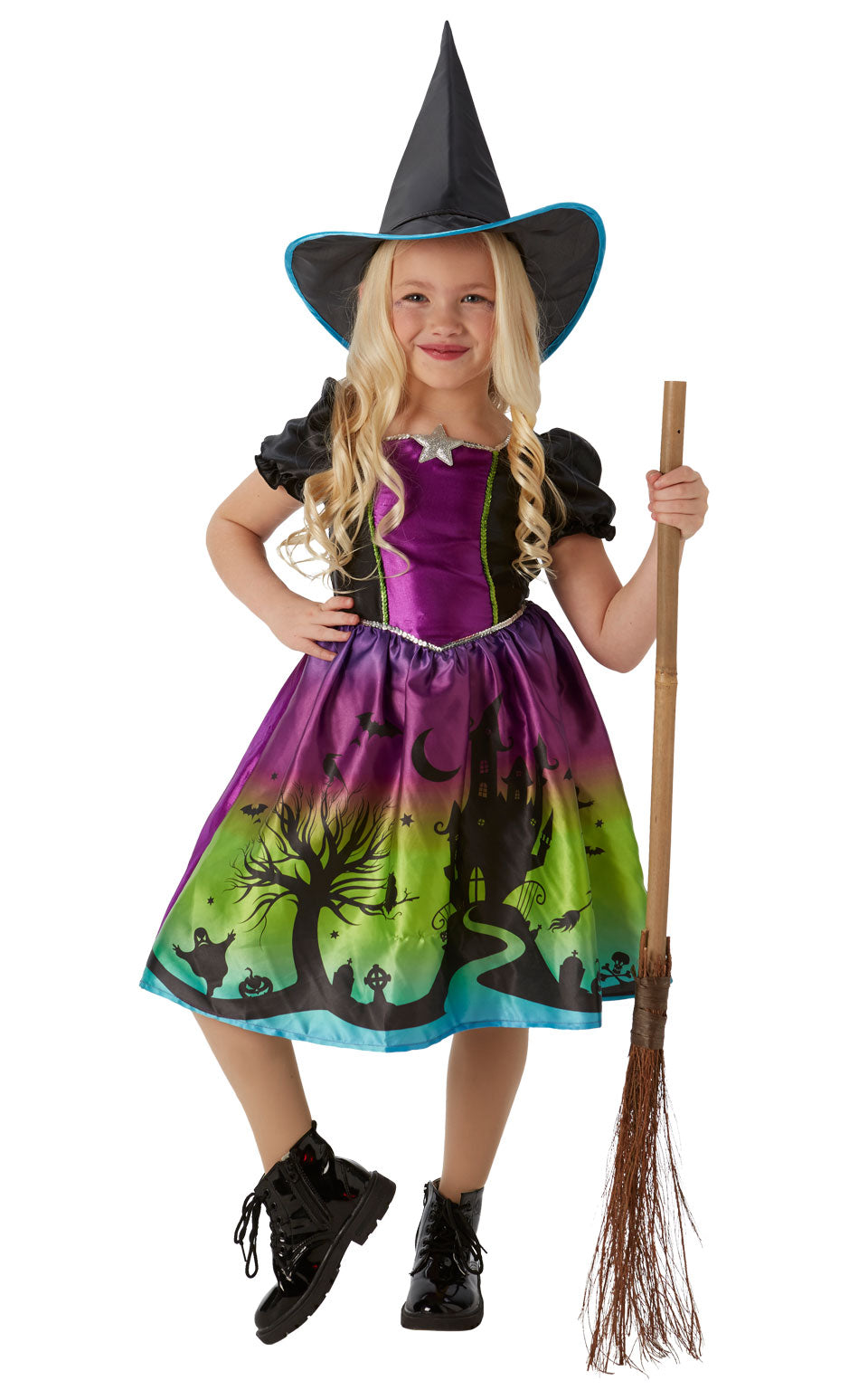 Ombre Witch Costume Childrens Halloween Witches Fancy Dress Outfit Deluxe + Hat