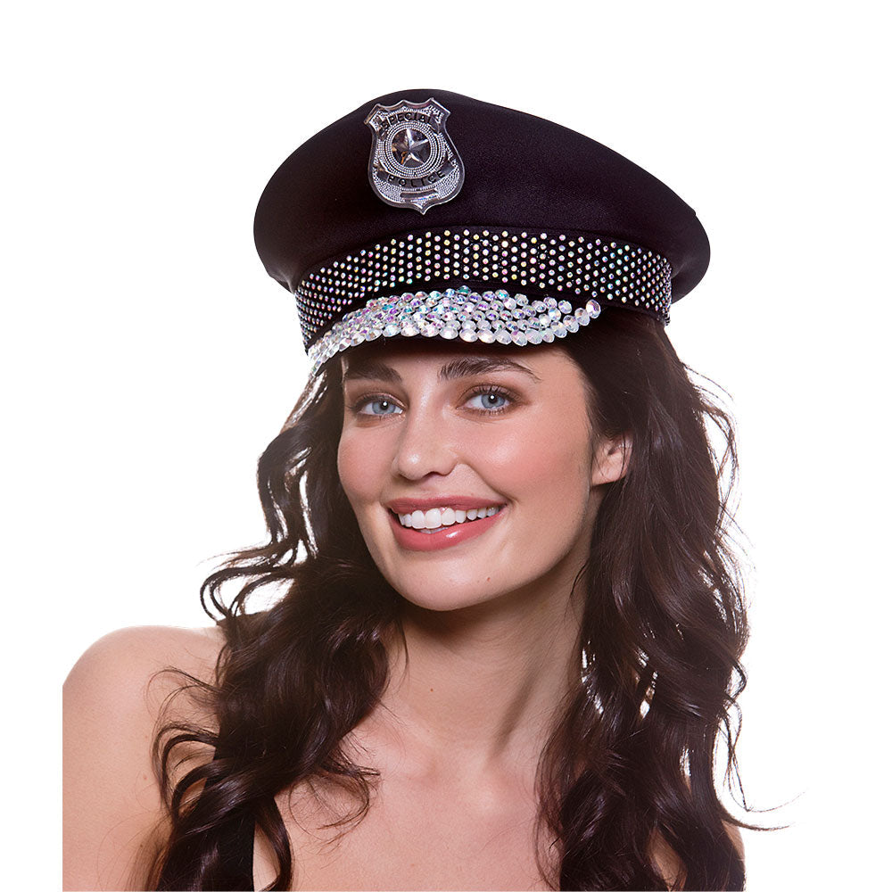 Deluxe Cop Hat With Diamantes Ladies Police Officer Fancy Dress Costume Accessory