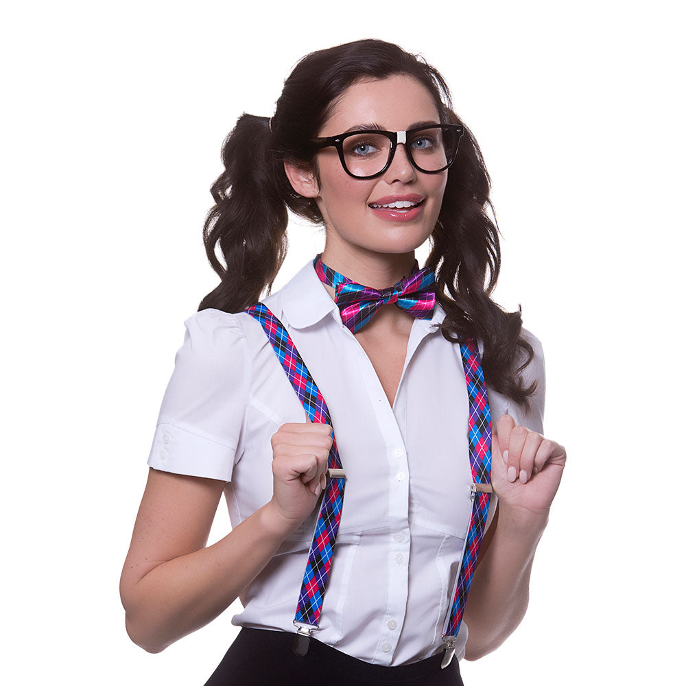 Instant Geek Set Ladies School Girl Nerd Fancy Dress Kit Braces Glasses Bow Tie