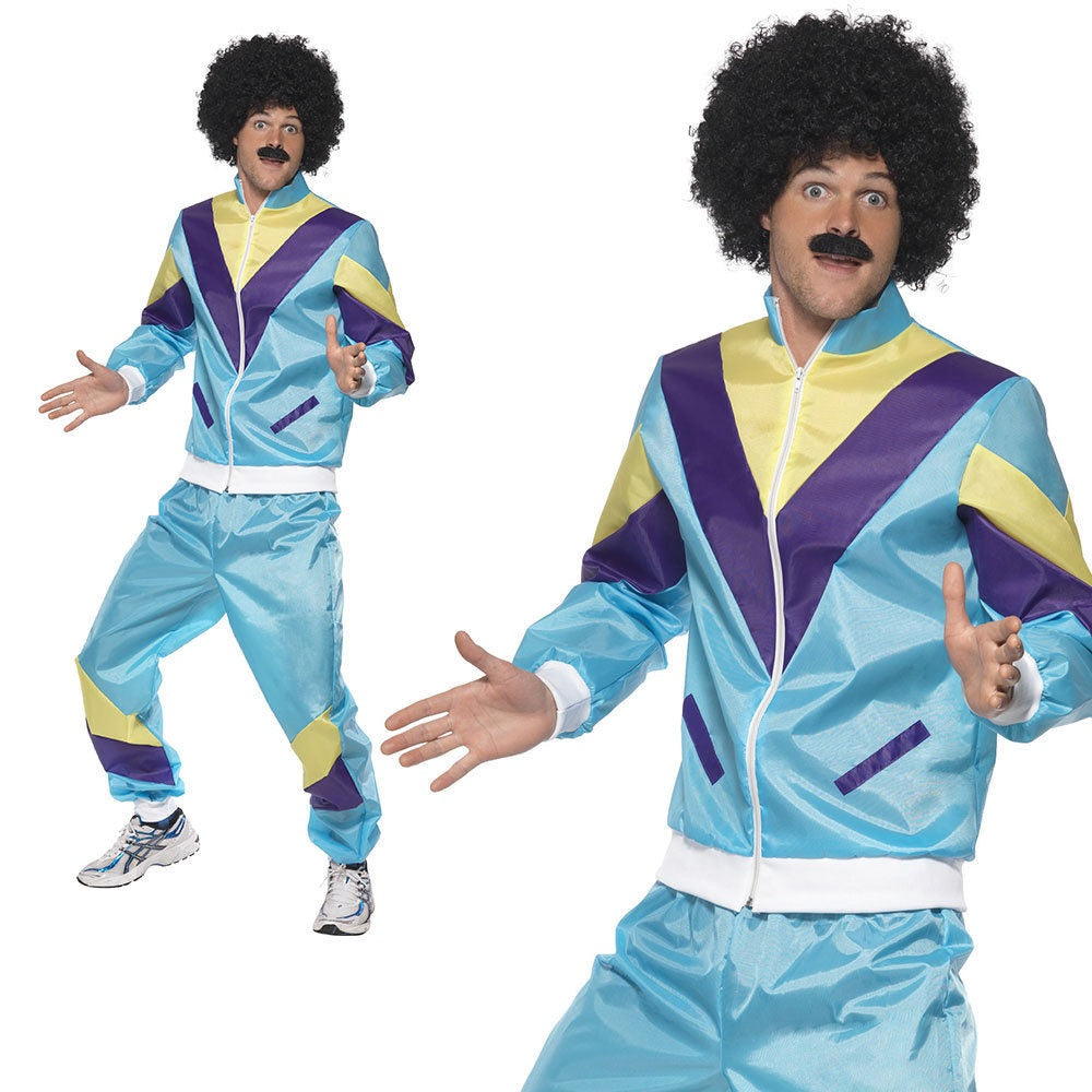 Shell Suit 80s Disco Fancy Dress Mens Blue 80s Retro Trackie Shell-Suit Mens Costume Shell Suit 80s Disco Fancy Dress Mens Blue 80s Retro Trackie Shell-Suit Mens Costume