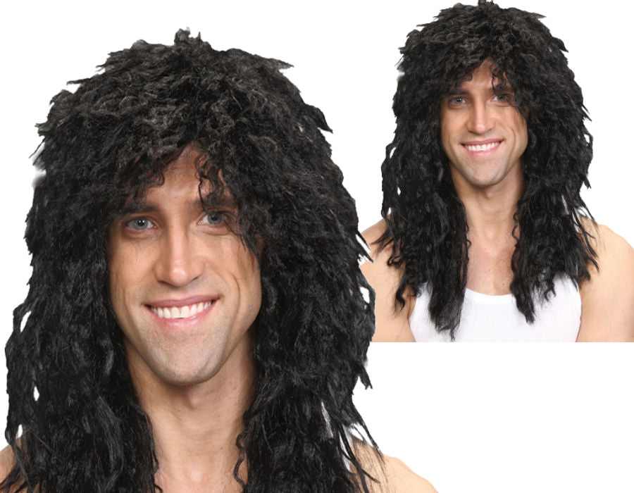 80s Rock Star Curly Black Mens Celebrity Pop Star Fancy Dress Wig