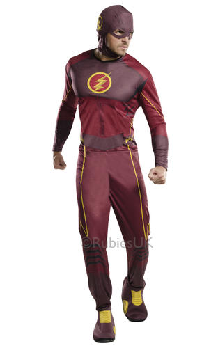 Mens Flash Costume Classic Fancy Dress Superhero Comic DC Heroes Adults Outfit