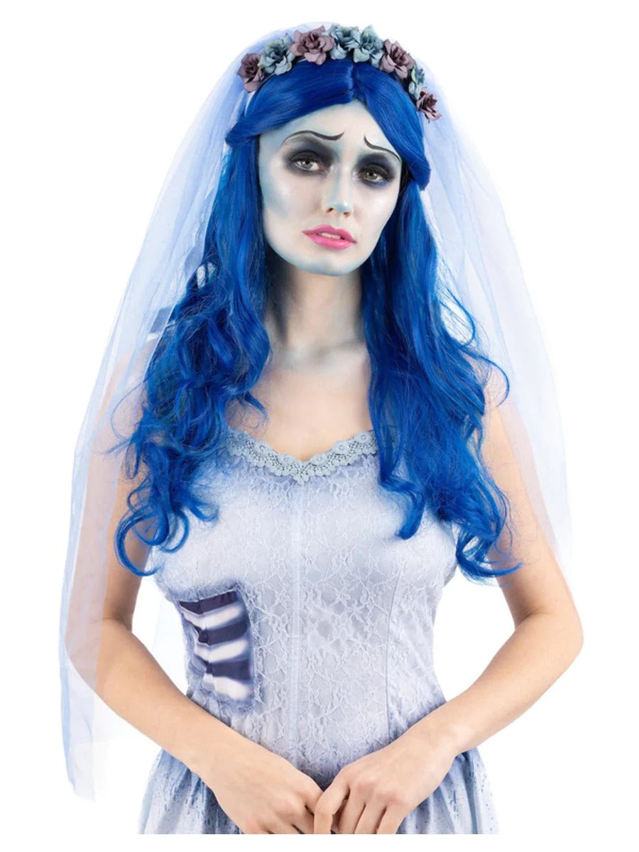 Corpse Bride Ladies Bright Blue Halloween Fancy Dress Long Wavy Wig